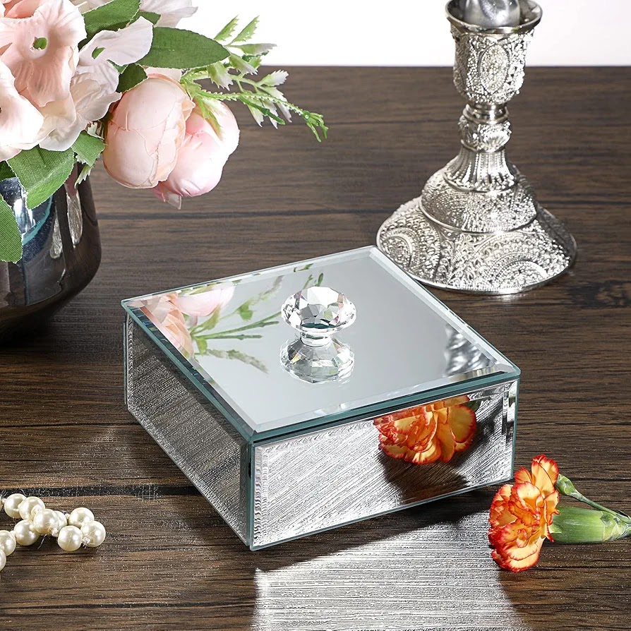 Pretty Chique Square Crystal Top Mirror Box Silver Multipurpose Storage ...